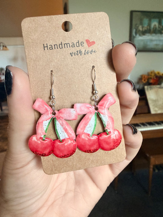 Glitter Cherry Bow Dangle Earrings
