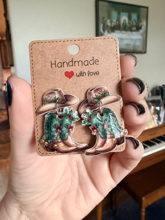 Cowgirl Christmas Boot & Hat Stud Dangles