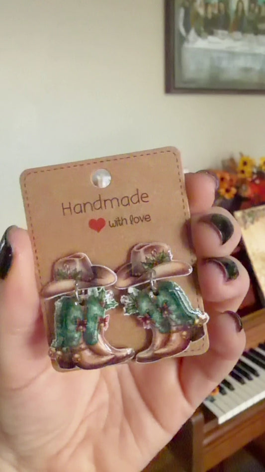 Cowgirl Christmas Boot & Hat Stud Dangles