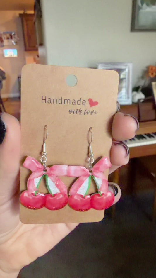 Glitter Cherry Bow Dangle Earrings